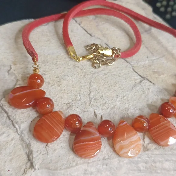 Custom made Natural Carnelian Agate Necklace and Bracelet, real leather